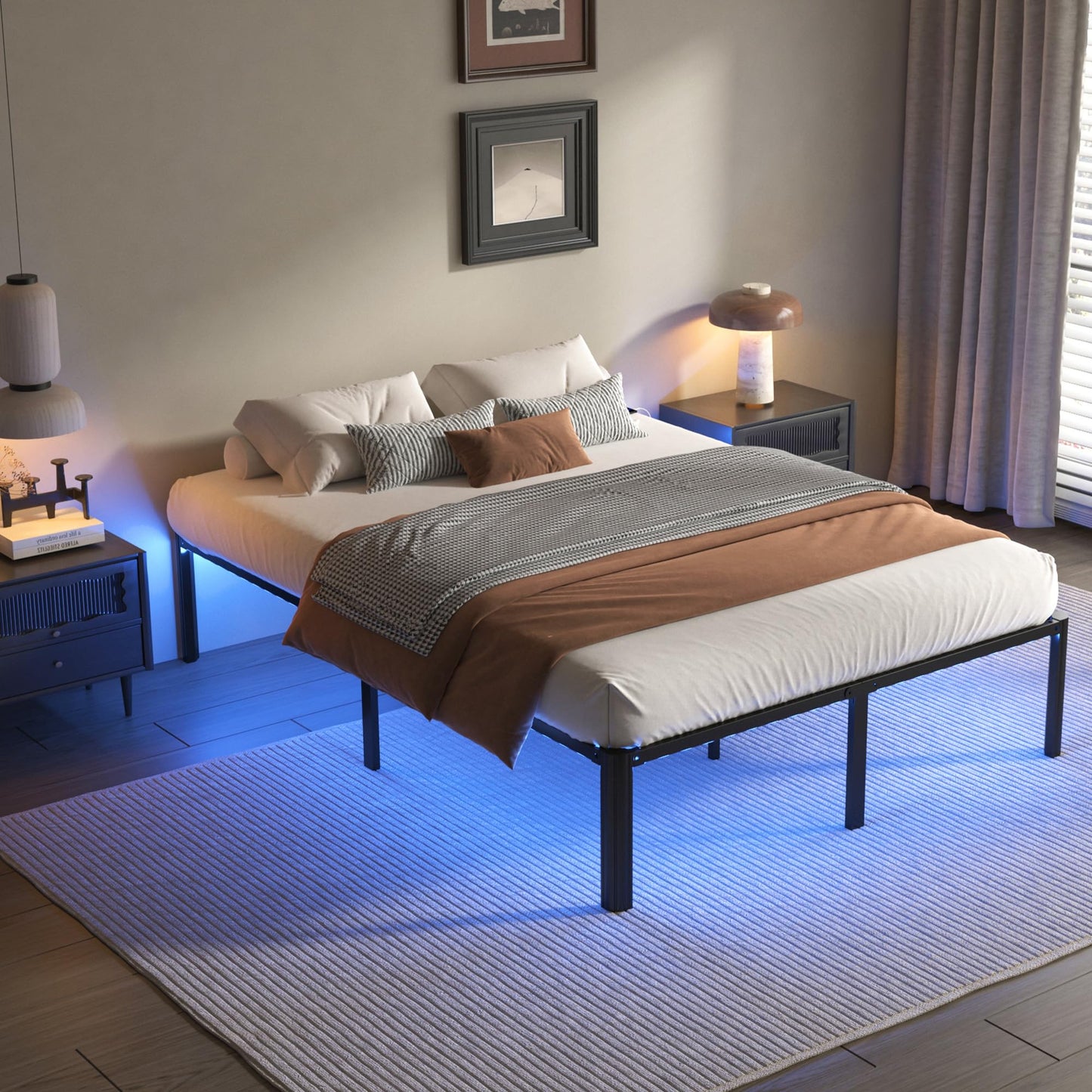 DORITRON Full Size Bed Frame with Led Lights, 14 inch Heavy Duty Metal Platform Bed Frame Full Size with Charging Station, No Box Spring Needed, Noise-Free
