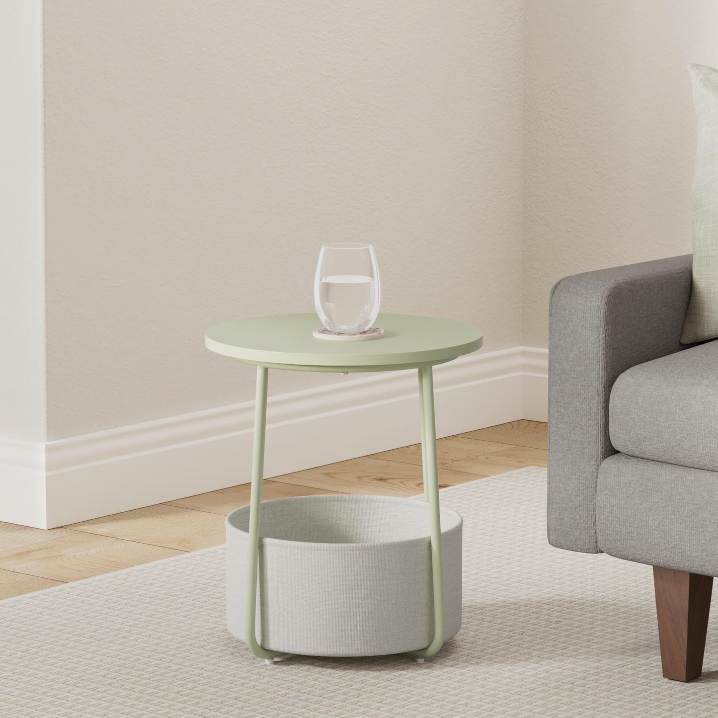 VASAGLE LILEA Collection - Small Round Side End Table, Modern Nightstand with Fabric Basket, Laurel Green and Cream White ULET223C69