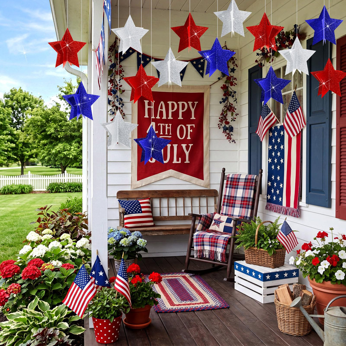 Novabright 18 Pcs 250th Anniversary Patriotic Star Hanging Decorations 4th of July 3D Glittering Red White and Blue Star Ornaments 4.7"x4.7" for Independence Day Party Indoor Outdoor Ceiling Decor