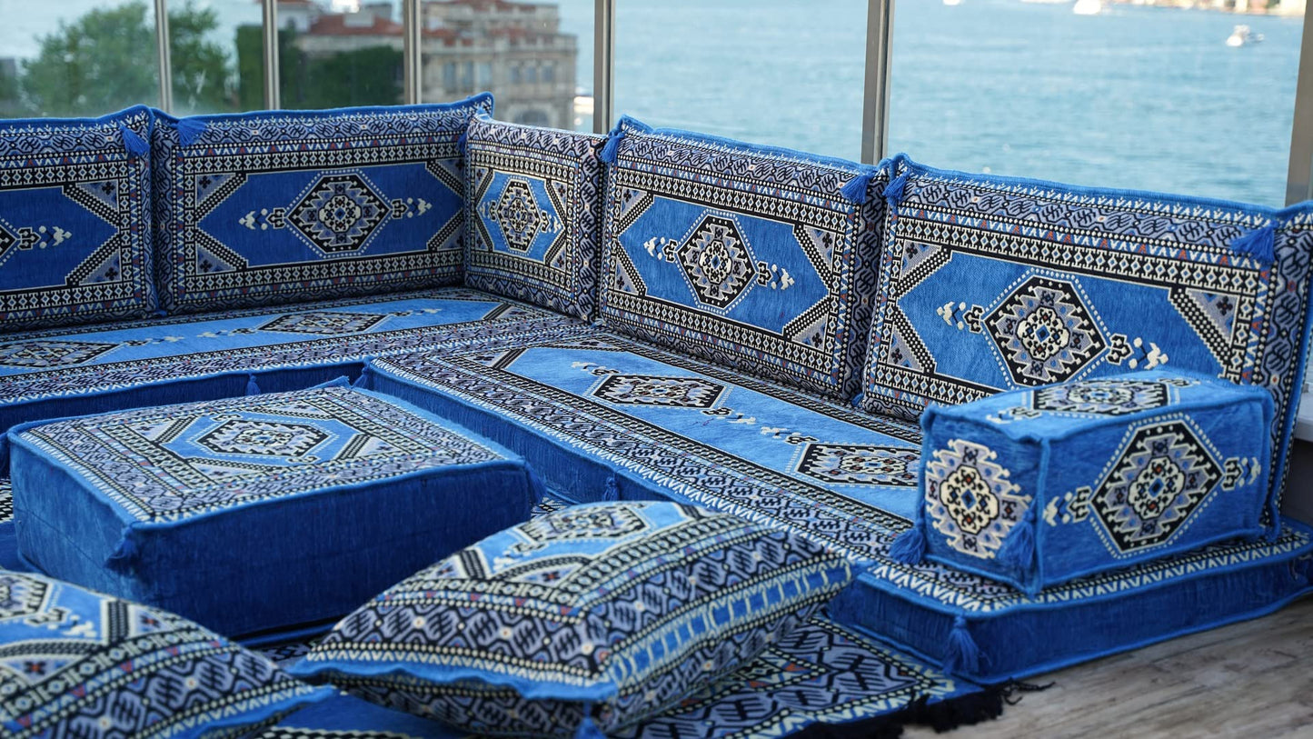 L Shaped Arabic Floor Cushions, Sectional Sofas, Arabic Majlis Set, Custom Made Sofa, Arabic Sofa Set, Seating Cushions (4'' Thickness Sofa, L Sofa Full Set, Blue)