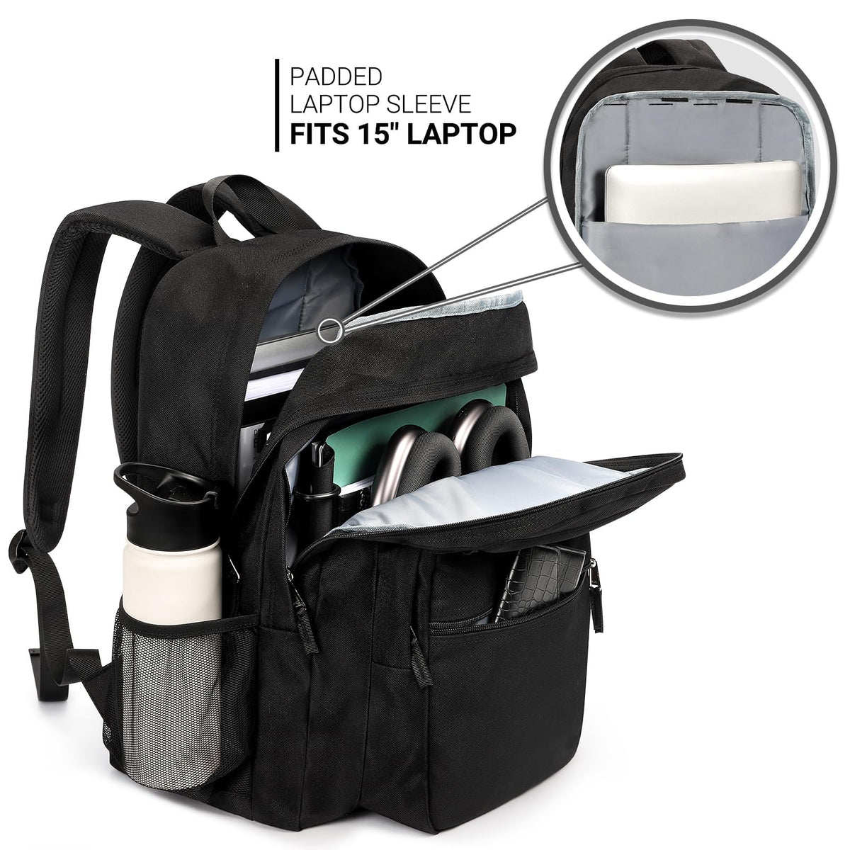 ZORFIN 26L Black Backpack for College, and Travel: Water Resistant Bookbag