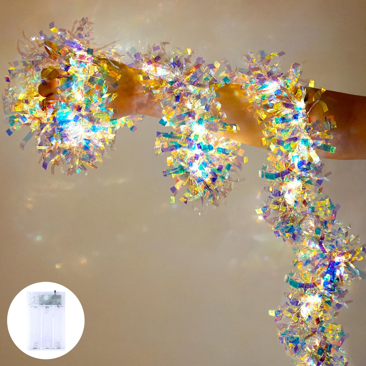 Christmas Garland with Lights, 6.5FT Iridescent Tinsel Garlands Battery Operated, Shiny Tinsel Foil Garland Indoor Hanging Home Decor, Garland for Wedding Birthday Holiday New Years Eve Party Supplies