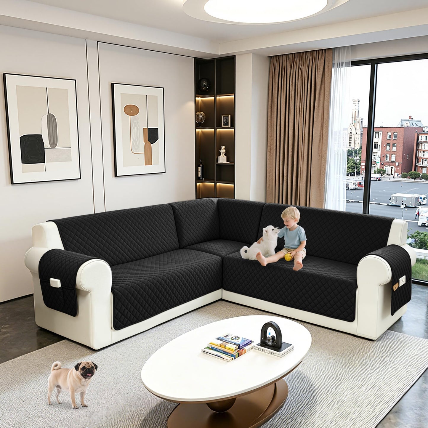 SYJOVIA Sectional Couch Covers for Dogs 100% Waterproof Corner L Shaped Sofa Cover Pet Friendly Velvet Washable Anti Slip L Shape Modular Sofa Slipcover Protector with Pockets (Black, XX-Large)