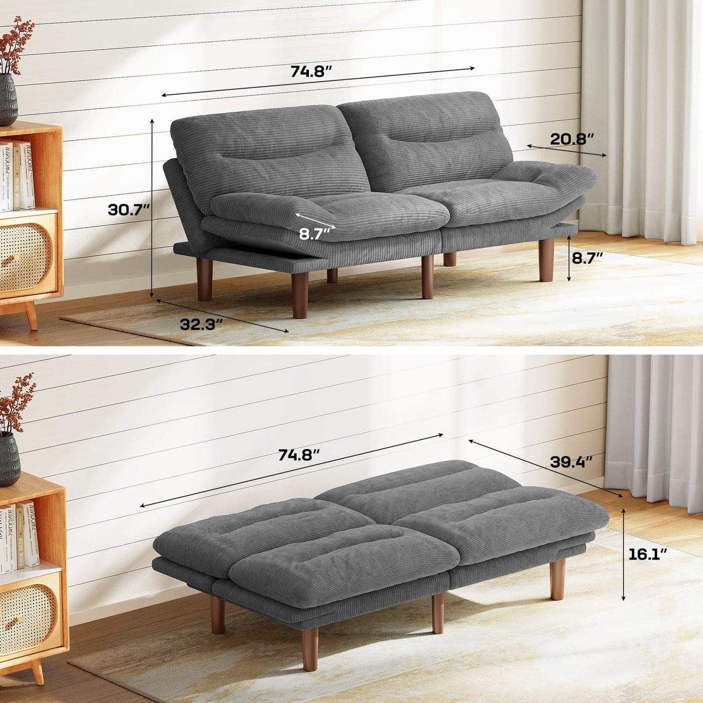 Marsail 75" Futon Sofa Bed, Convertible Corduroy Futon Couch with Adjustable Backrest & Armrests, Small Sleeper Sofa Loveseat for Living Room, Apartment, Office, Grey