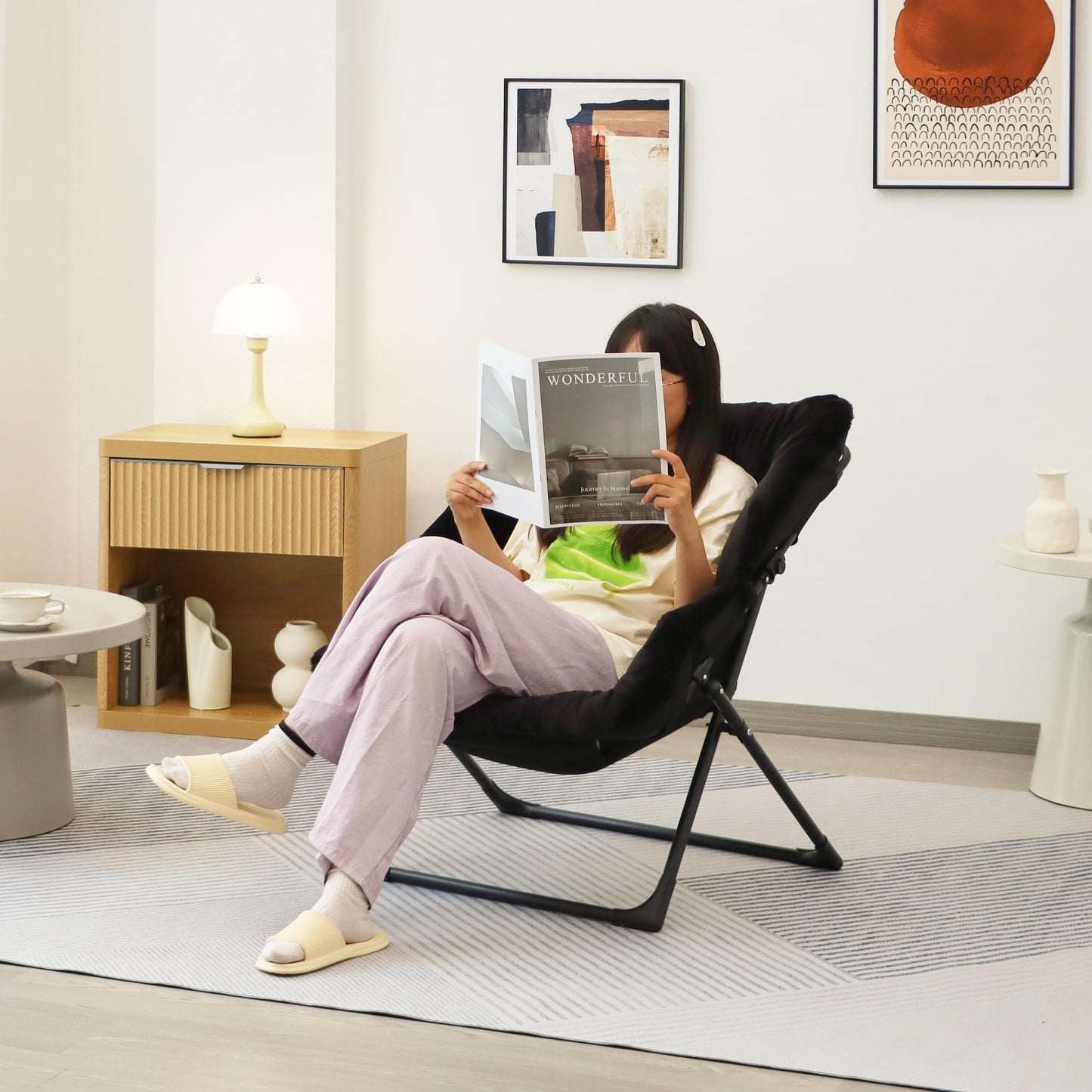 Mordchil HF Comfy Saucer Chair for Adults, Soft Faux Fur Bedroom Chair, Accent Dorm Chairs, Flexible Living Room Reading Chairs, Oversized Folding Seat for Teens, X-Large, Black