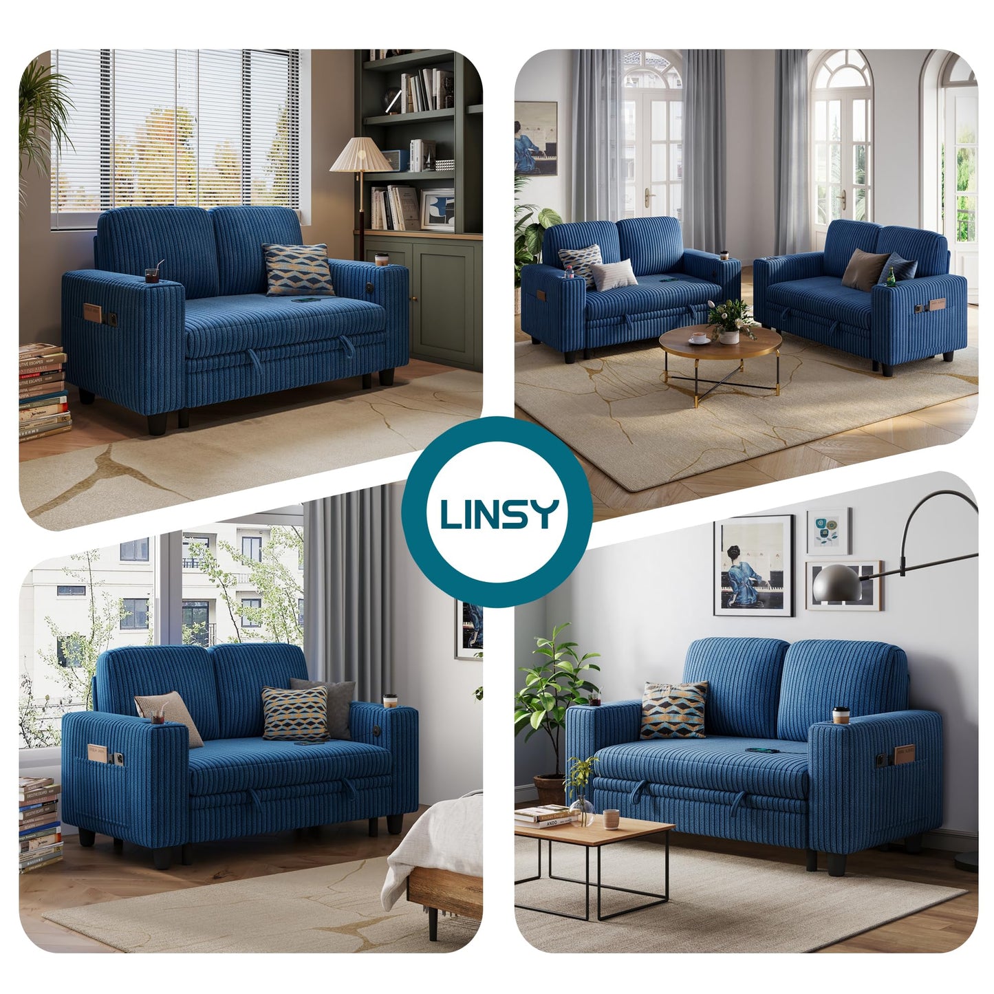 LINSY HOME Loveseat Sofa with Pull Out Couch Chaise: 2-in-1 Convertible 2 Seater Sofa with USB Charging & Cup Holders, Comfy Plush Corduroy Love Seat for Small Spaces Living Room Apartment, Blue