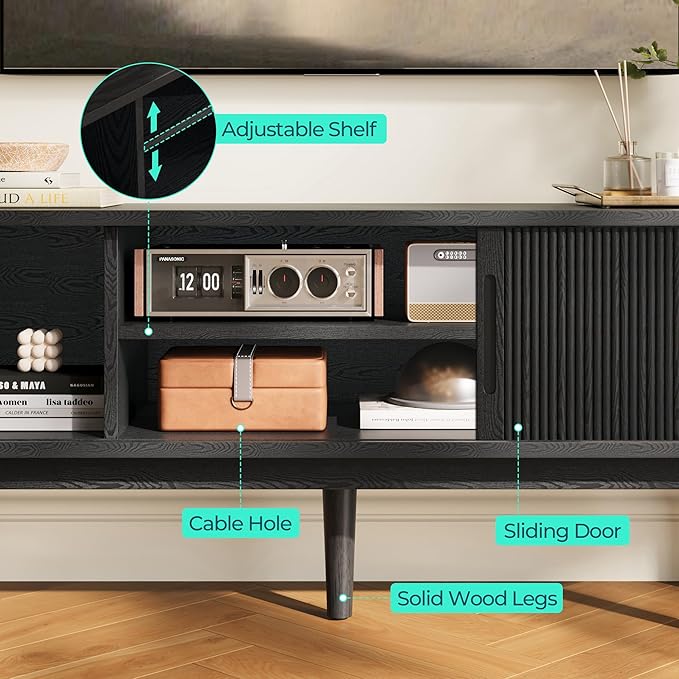 LINSY HOME 58" Fluted TV Stand for TVs up to 65 Inch, Mid Century Modern
