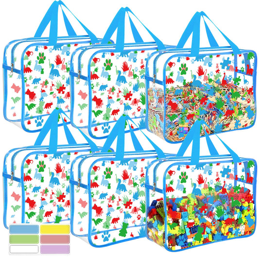 6 Packs Large Toy Storage Bags with Labels, Reusable Clear PVC Storage Bag, Travel Waterproof Organizer Bags (Blue-cute pattern)
