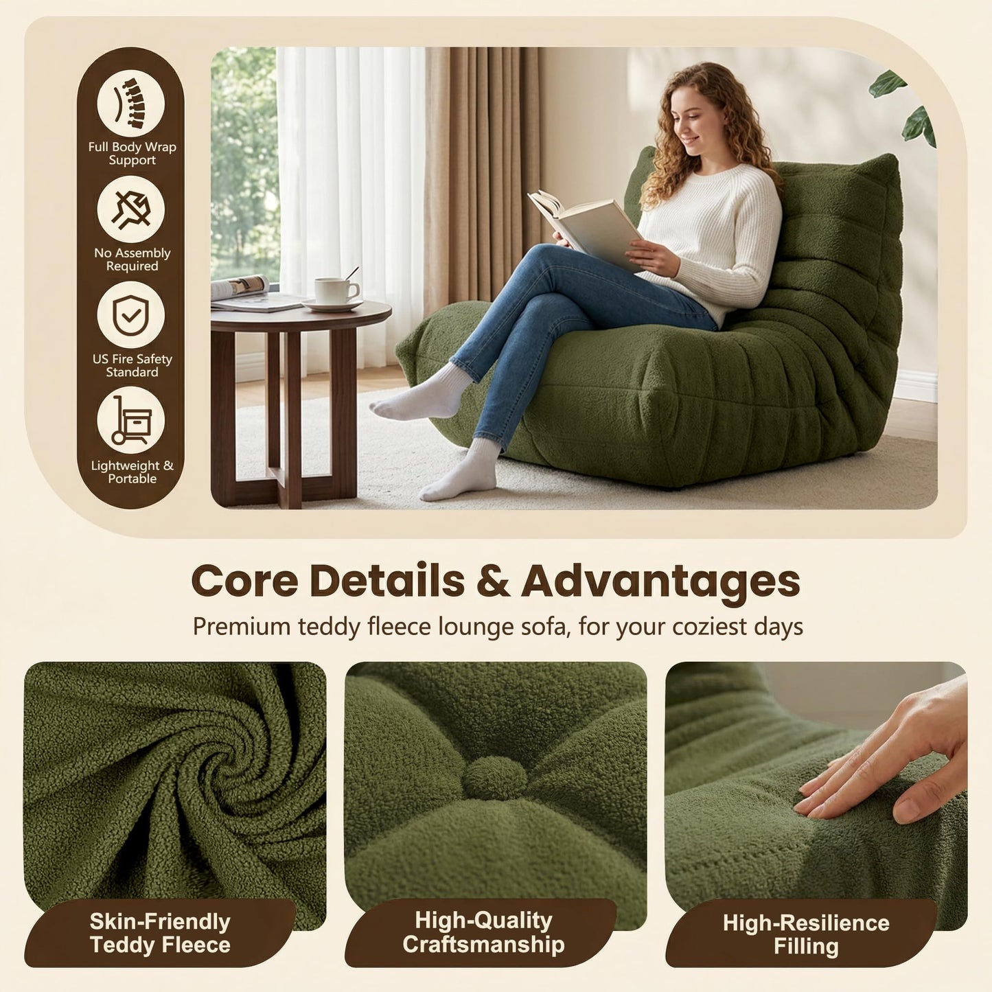 Gazecaia Comfy Bean Bag Chair for Adults Teens | Fireside Floor Lounge Chair, Soft Teddy High-Resilience Memory Foam Bean Bag Couch with Non-Slip Base, for Living Room Bedroom Apartment Office, Green