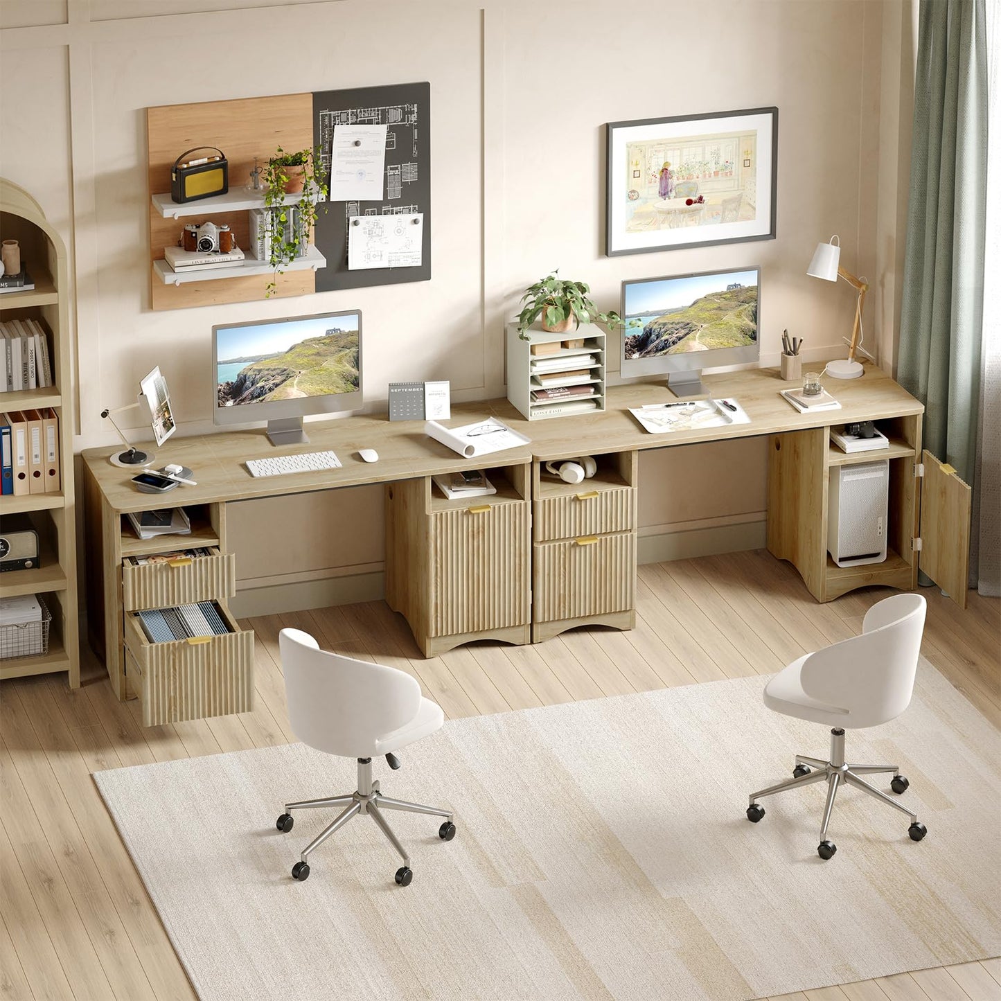 Bestier Computer Desk with 2 Drawer, 59 inch Office Desk with Storage Cabinet & 2 Open Storage, Fluted Executive Desk for Home Office & Studio, Brown Oak