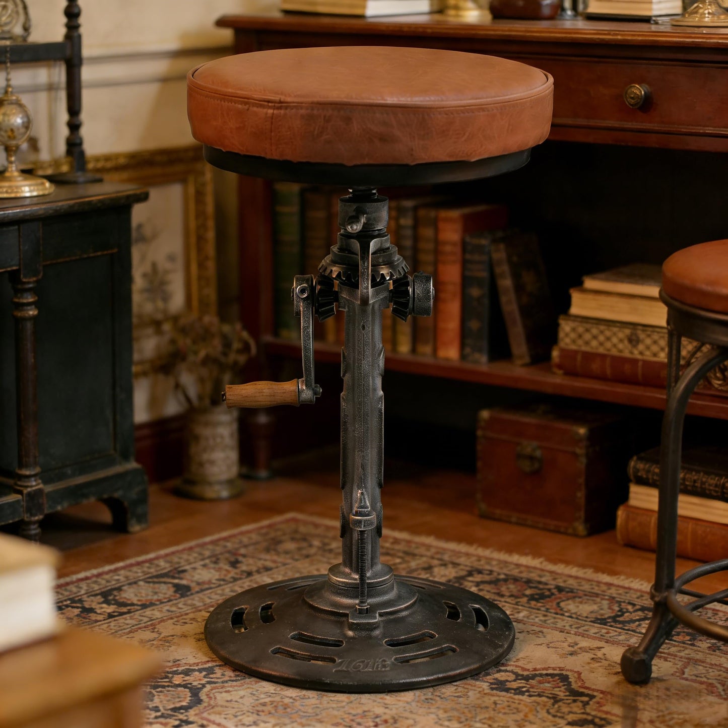 LOKKHAN American Antique Steampunk Deco Vintage Industrial Bar Cafe Stool, Retro Stylish Cast Iron Base Swivel Round Leather Top, Easily Adjusts by Crank Handle