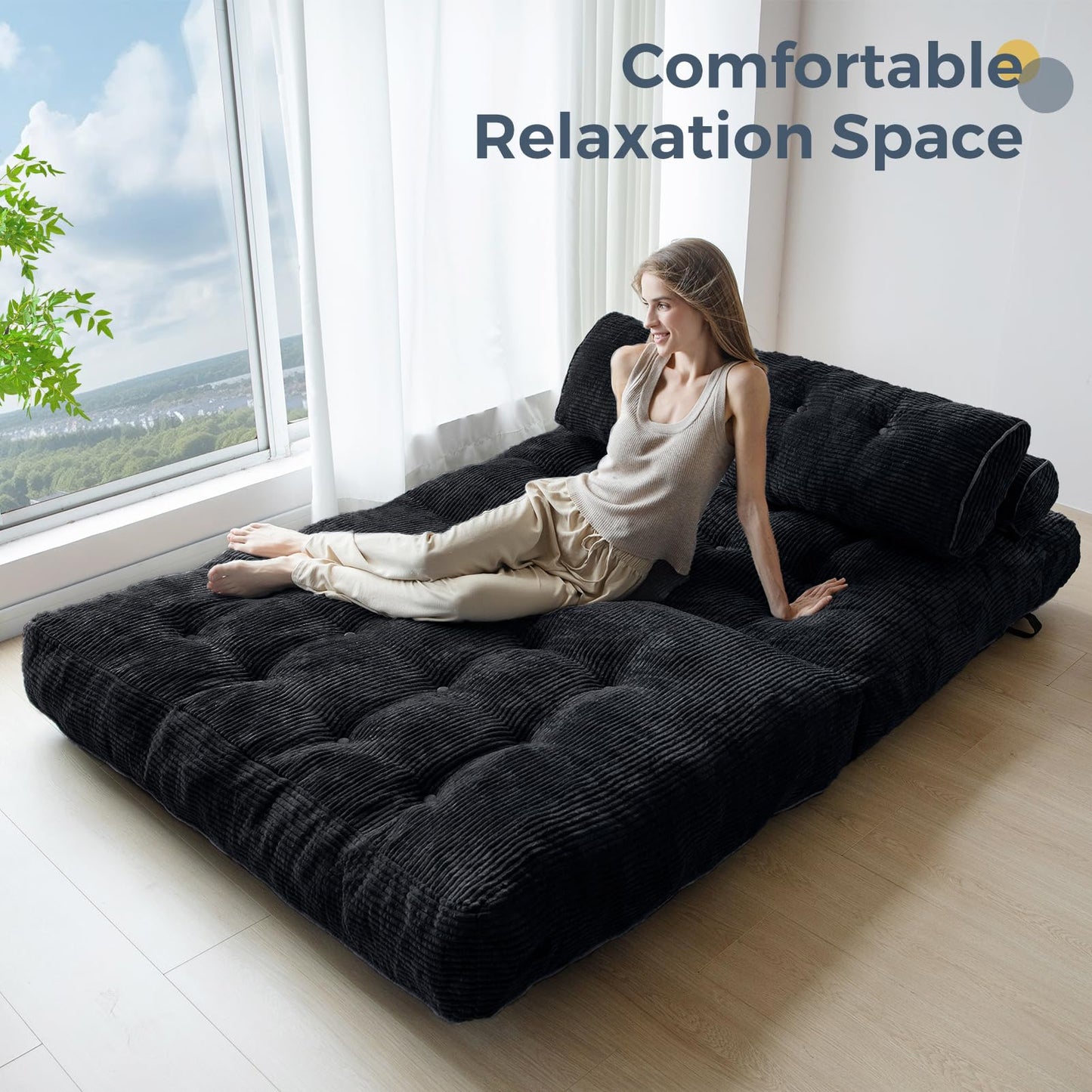 MAXYOYO Folding Sofa Bed, Convertible Chair with Pillow Foldable Couch with Back Support, Portable Fold Out Chair Bed Comfy Floor Sofa Lounge for Living Room Bedroom, Black Double