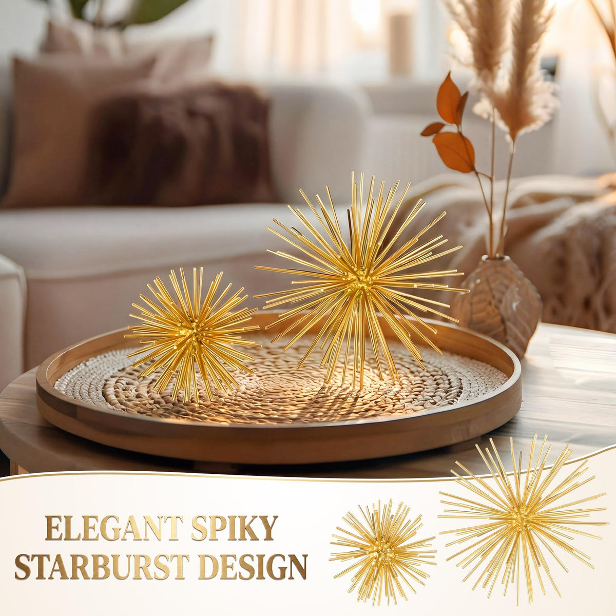 ElaraBerry 2 Pcs 4.2" and 6" Gold Sphere Decor, Metal Gold Starburst Tabletop Sculpture Decor, Modern Metal Starburst Centerpiece, Star Burst Ball Decoration for Home Decoration
