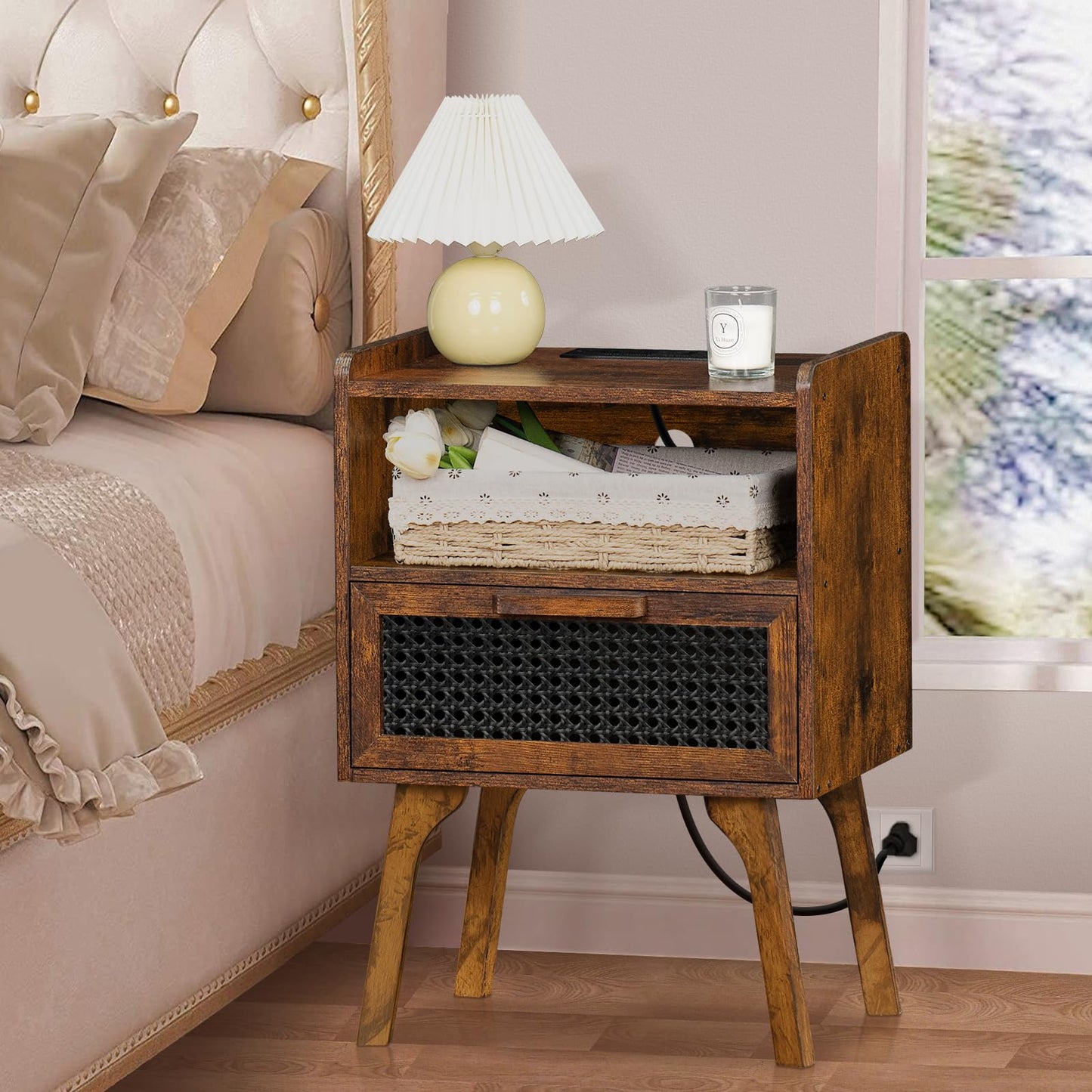 Lerliuo Rattan Nightstand with Charging Station, Side Table with Drawer Open Shelf, Cane Accent Bedside End Table with Solid Wood Legs, Night Stand for Bedroom, Dorm and Small Spaces (Brown)