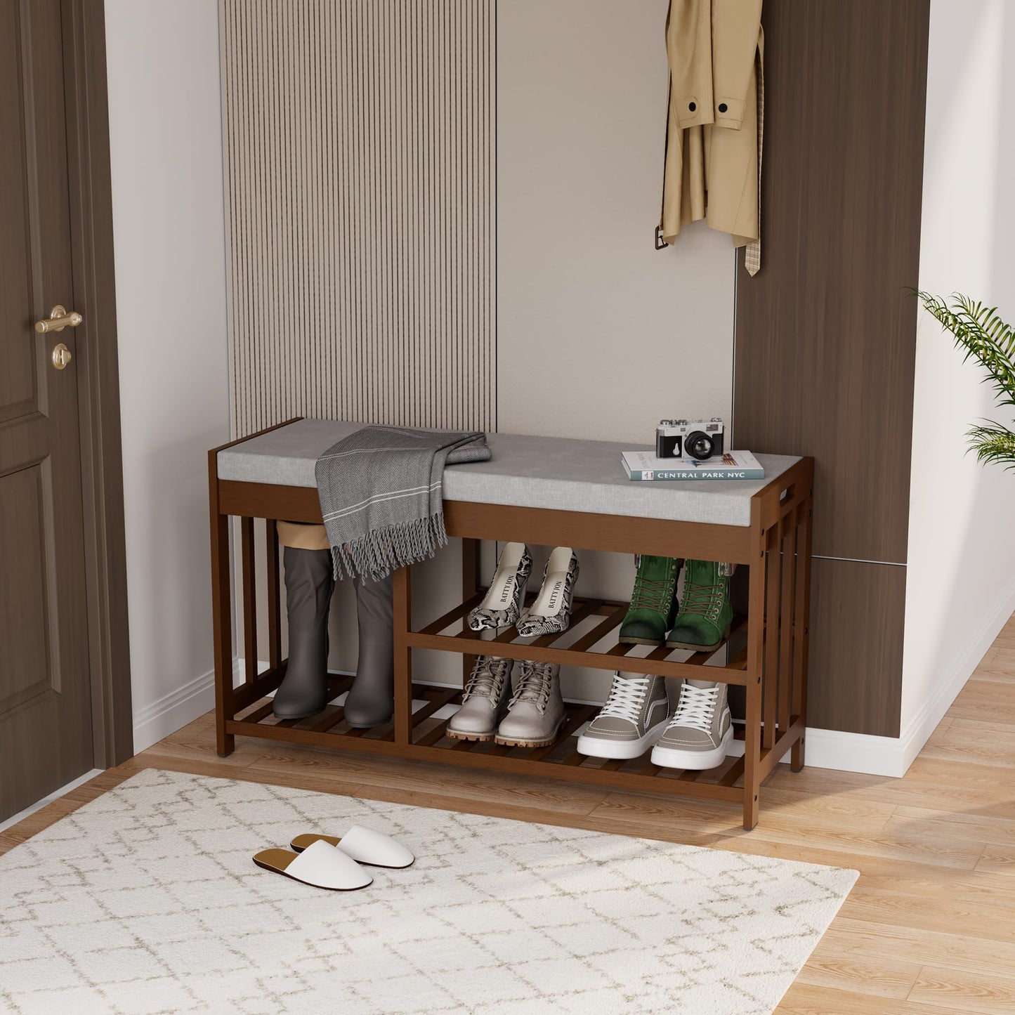 APRTAT 3-Tier Bamboo Shoe Rack Bench, Shoe Storage Organizer Bench, Entryway Benchs, Shoes Rack for Front Door Entrance, Entryway Bathroom Bedroom (Brown, Large)