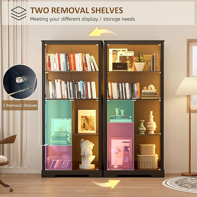 71” Display Cabinet with Glass Doors, Modern Curio Cabinet with 3 Color Lights