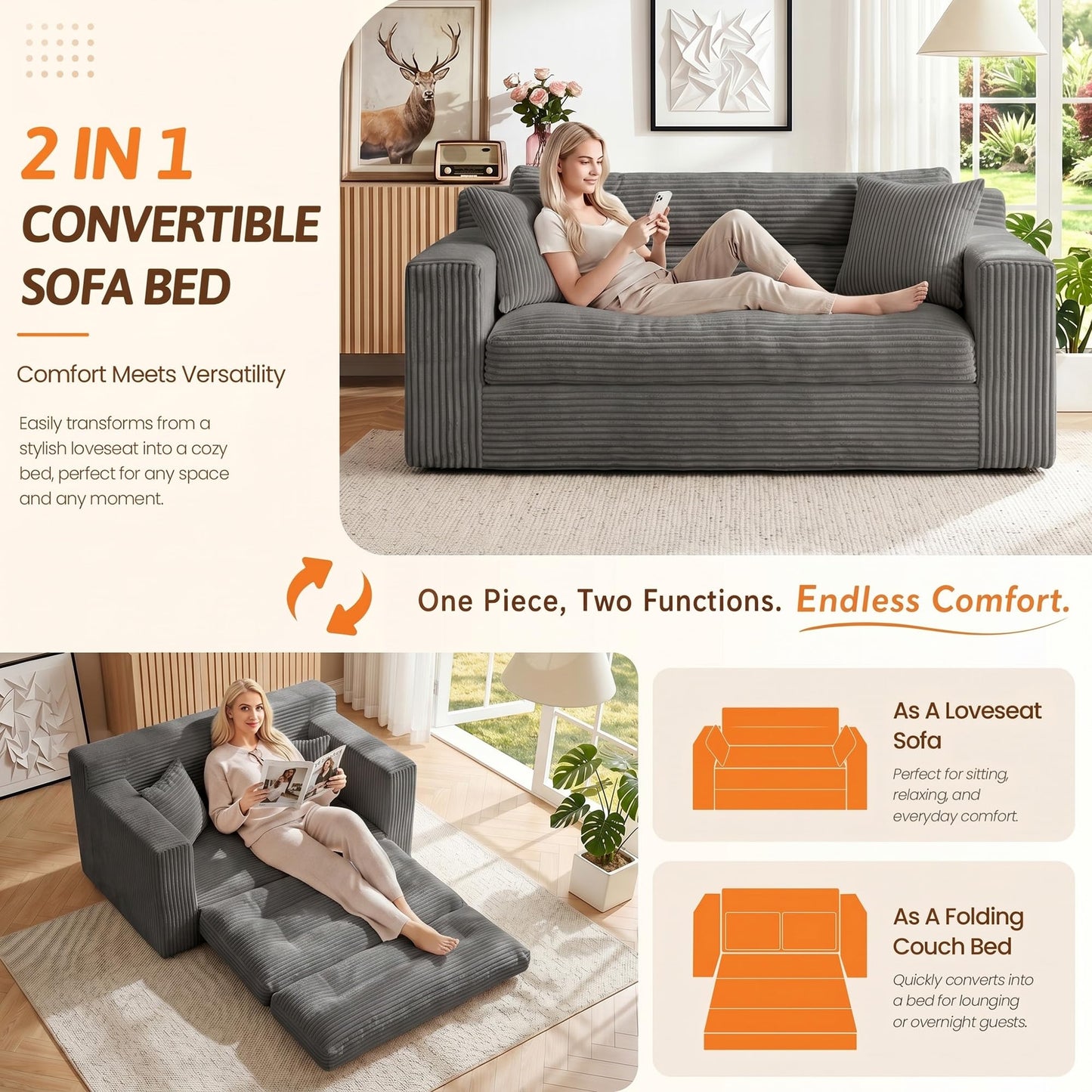Erament Boneless Loveseat Sofa Couch, 2 in 1 Convertible Sofa Bed with Pillows, Fold Out Bean Bag Chair Boneless Floor Couch for Living Room Bedroom Office Lounge Apartment, No Assembly Needed, Grey