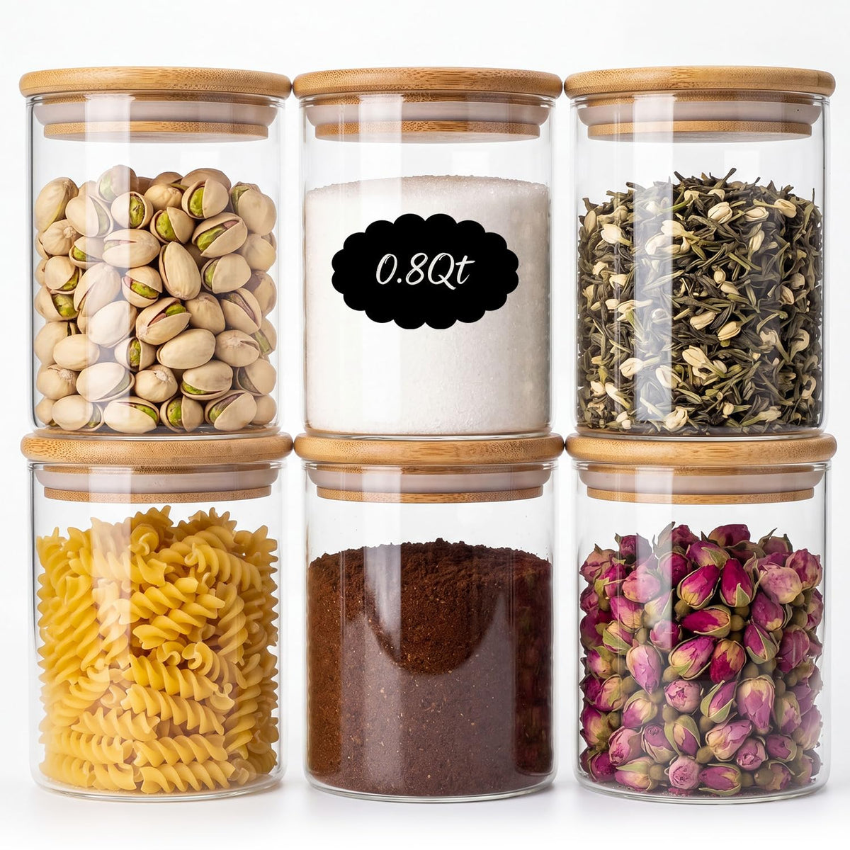 Xoniwis 6-Pack 0.8Qt Round Glass Storage Jars with Bamboo Lids