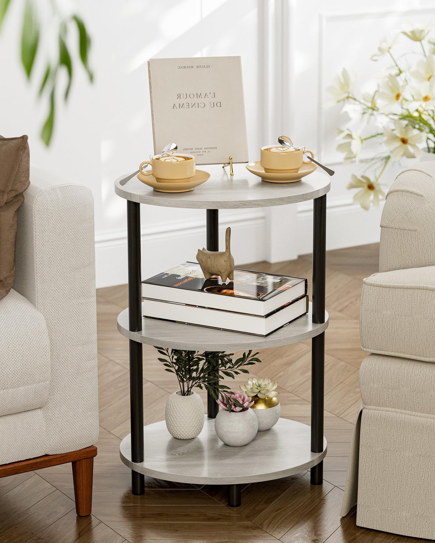 RISWER Round Pedestal End Table - 3-Tier Oval Accent Table for Small Spaces, Rustic Wood and Metal Couch Side Table, Nightstand for Bedroom or End Table Living Room, Easy to Assemble, Greige
