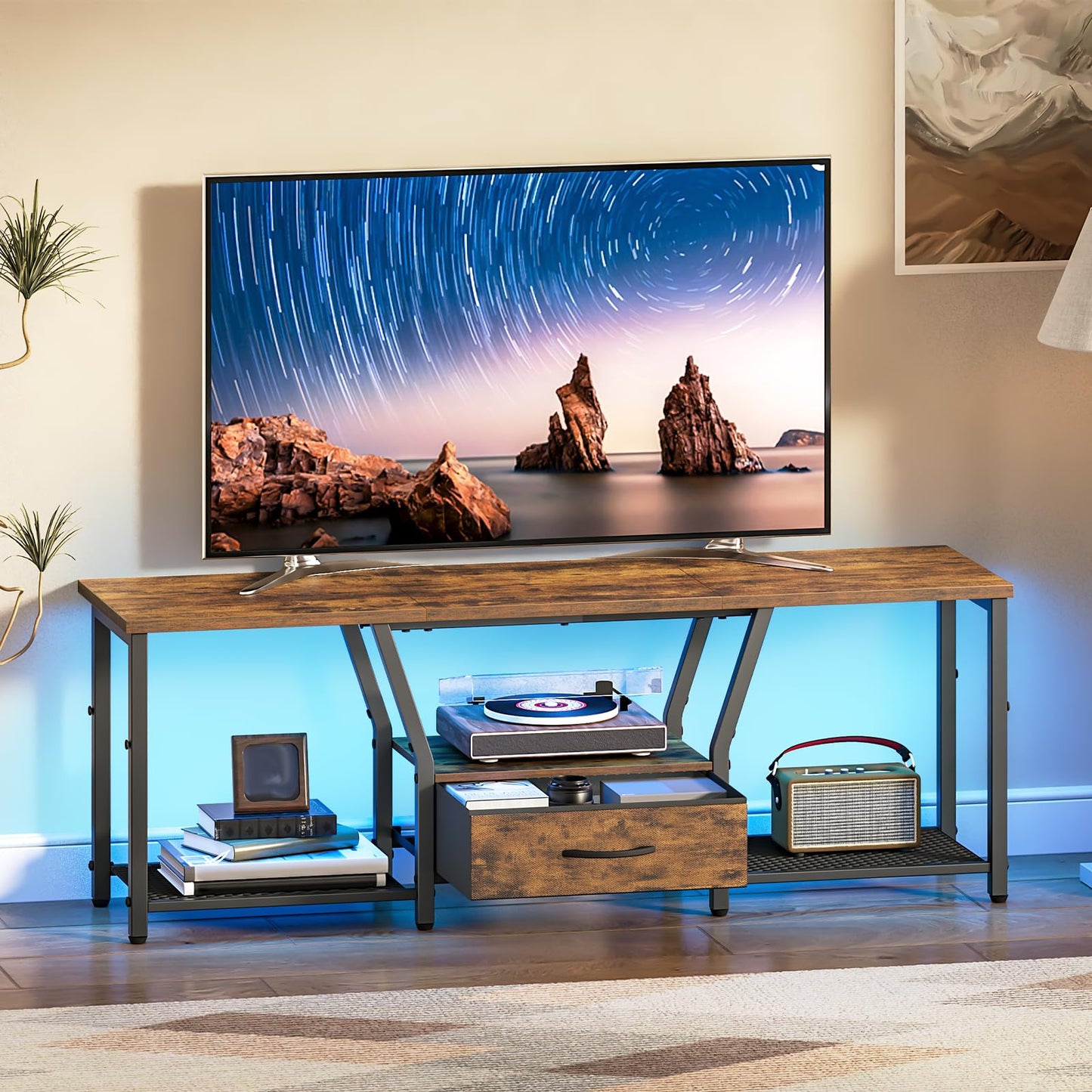 RALGEND TV Stand with LED Lights, for TVs up to 55 Inches, 47" Entertainment Center with Fabric Drawer & Soundbar Shelf, Media Console Table for Living Room, Bedroom, Rustic Brown and Black 1201DSDBB
