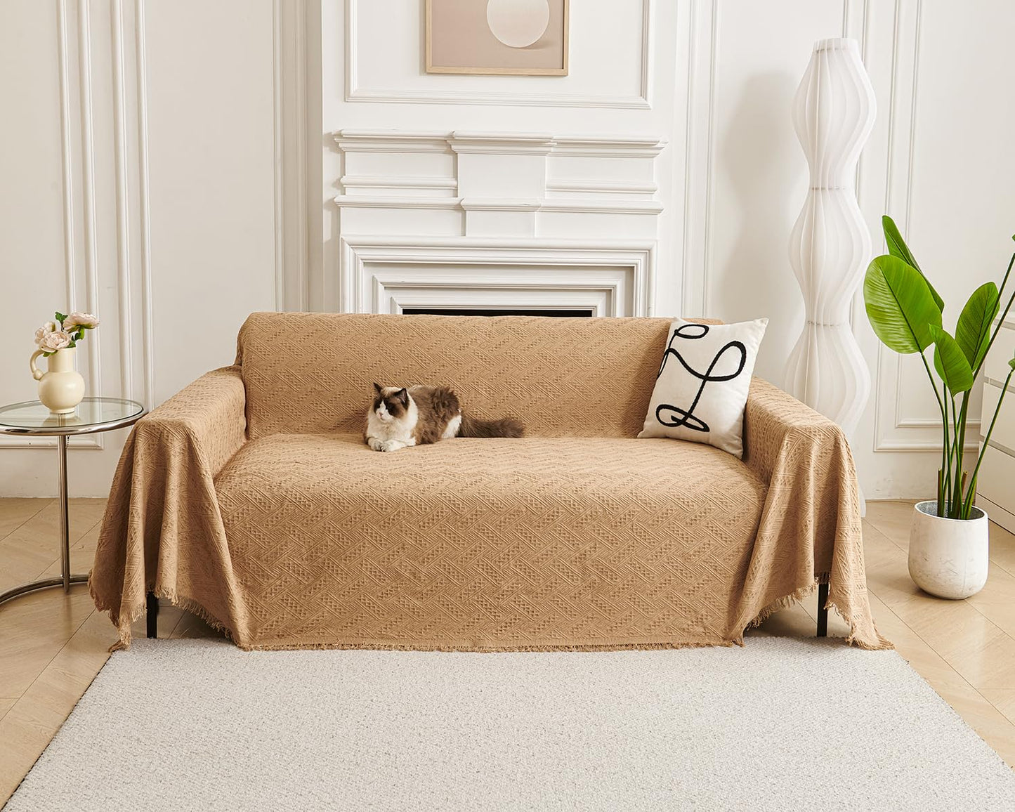 AIVIA Couch Cover Sheet Blanket, Slipcover for 3-4 Cushion High Backed Backrest Sofa, Extra Large Furniture Decor L Shape U-Shaped Sectional Protector for Cats Dogs Pets (Khaki, 91” x 134”)