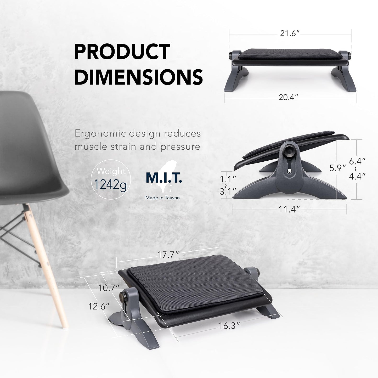 EHO Ottoman, Ergonomic Foot Rest for Under Desk, Adjustable Height and Angle, Sponge Platform, Anti-Slip, Ankle Support, Detachable Washable Cushion, Back and Leg Pain Relief, 21.6" L x 11.4" W, Black