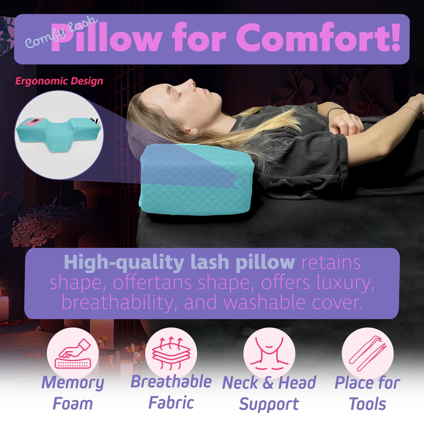 Lash Pillow for Eyelash Extensions - Curved Memory Foam Bed Pillow, Ergonomic Head Rest with Neck Support, Side Pockets for Tools, Fits Lash Beds for Tech – Blue