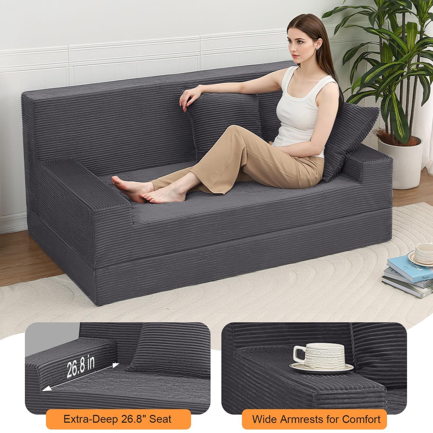 MeMoreCool Folding Sofa Bed Boneless Couch, 59" Loveseat Convertible Futon, Corduroy Foldable 2-in-1 Floor Sleeper for Small Living Room, Apartment, Guest Room, Foam Support & Washable Cover, Grey