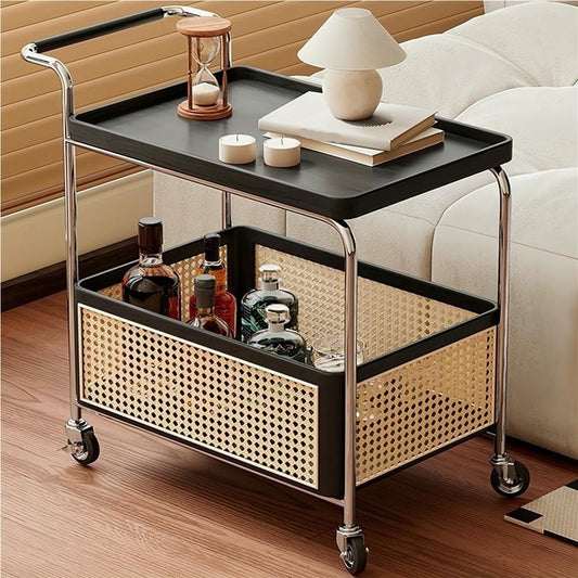 MNJVCFDS Rattan Side Table with Wheels Rolling 2-Layer Coffee Table Storage End Table Rattan Basket Wood Frame for Living Room Bedroom Long Lasting