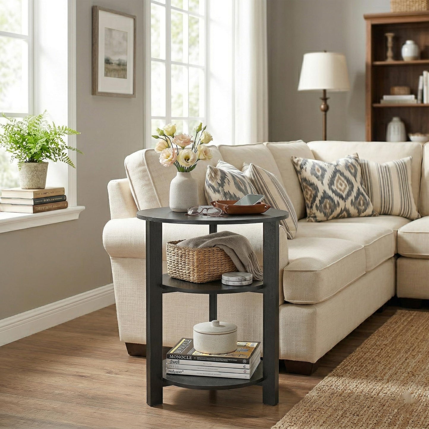 Farmhouse 3-Tier Round Side Table,17.7*21.7inch End Table with Open Storage,Modern Couch Accent Table Circular Nightatand for Living Room,Bedroom,Office,Wooden Table for Narrow and Small Spaces,Black