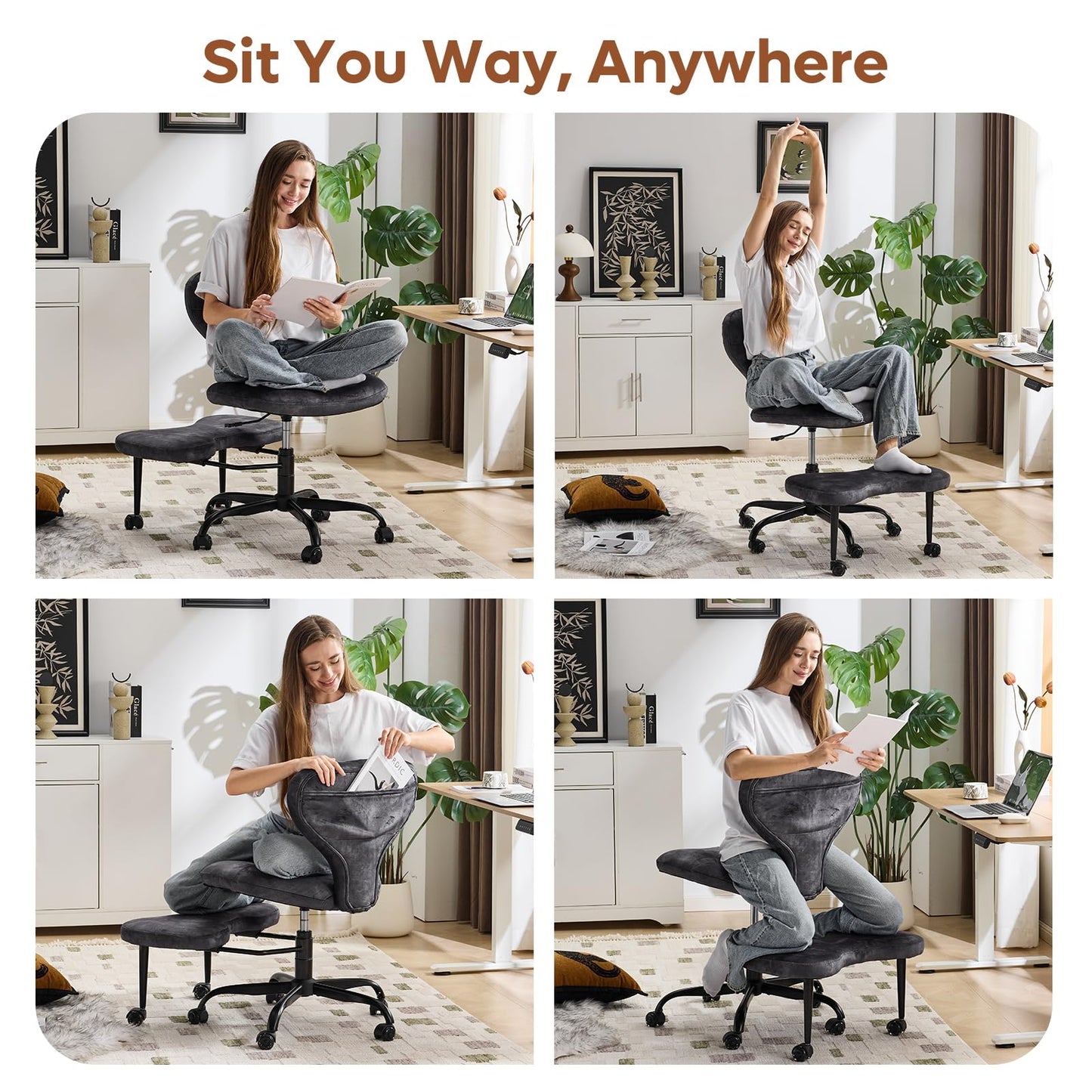 YFO Ergonomic Cross Legged Office Chair and ADHD Meditation Chair with Silent Wheels for Home Office Desk Chair and Yoga, Wider Backrest Support and Storage Pockets Design, Velvet Fabric, Grey