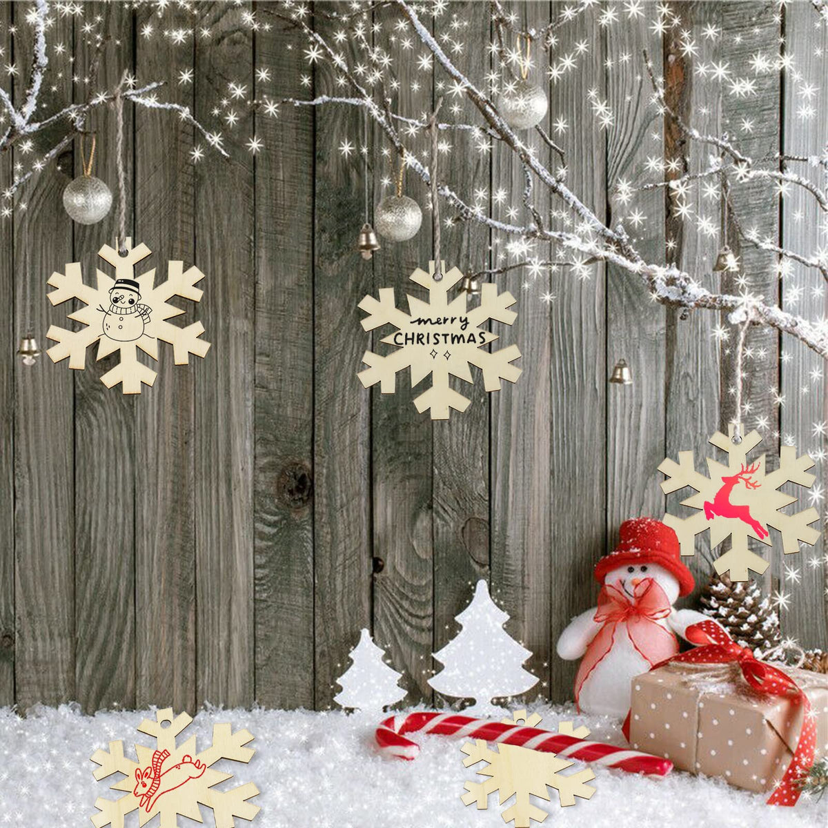 50Pcs DIY Wooden Christmas Ornaments Wooden Snowflakes for Crafts Unfinished Snowflakes Wood Ornaments with Hole, Predrilled Wood Snowflake Cutouts for Crafts Paints Christmas Tree Hanging Decor