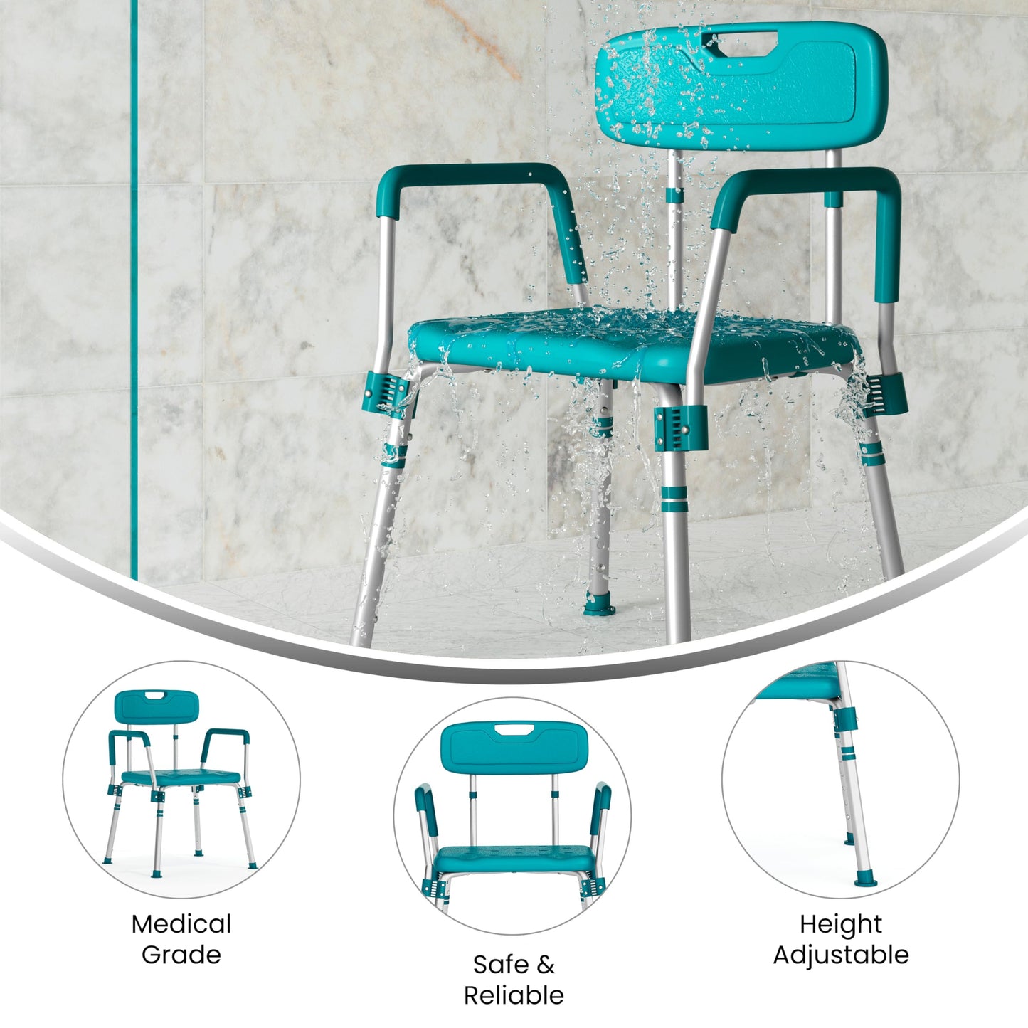 Flash Furniture HERCULES Series 300 Lb. Capacity Adjustable Teal Bath & Shower Chair with Quick Release Back & Arms