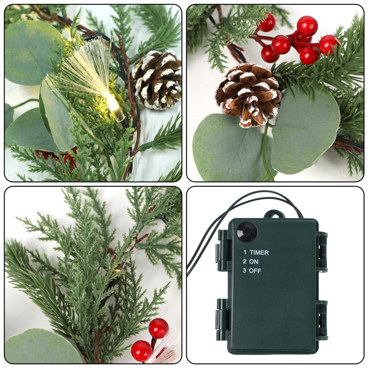 DR.DUDU Christmas Garland Decorations, 6FT Garlands with Lights Timer Indoor Decoration Pre-Lit Green Garland with Pine Cones Red Berry for Mantle Outdoor Fireplace Stairs Holiday Winter Decor