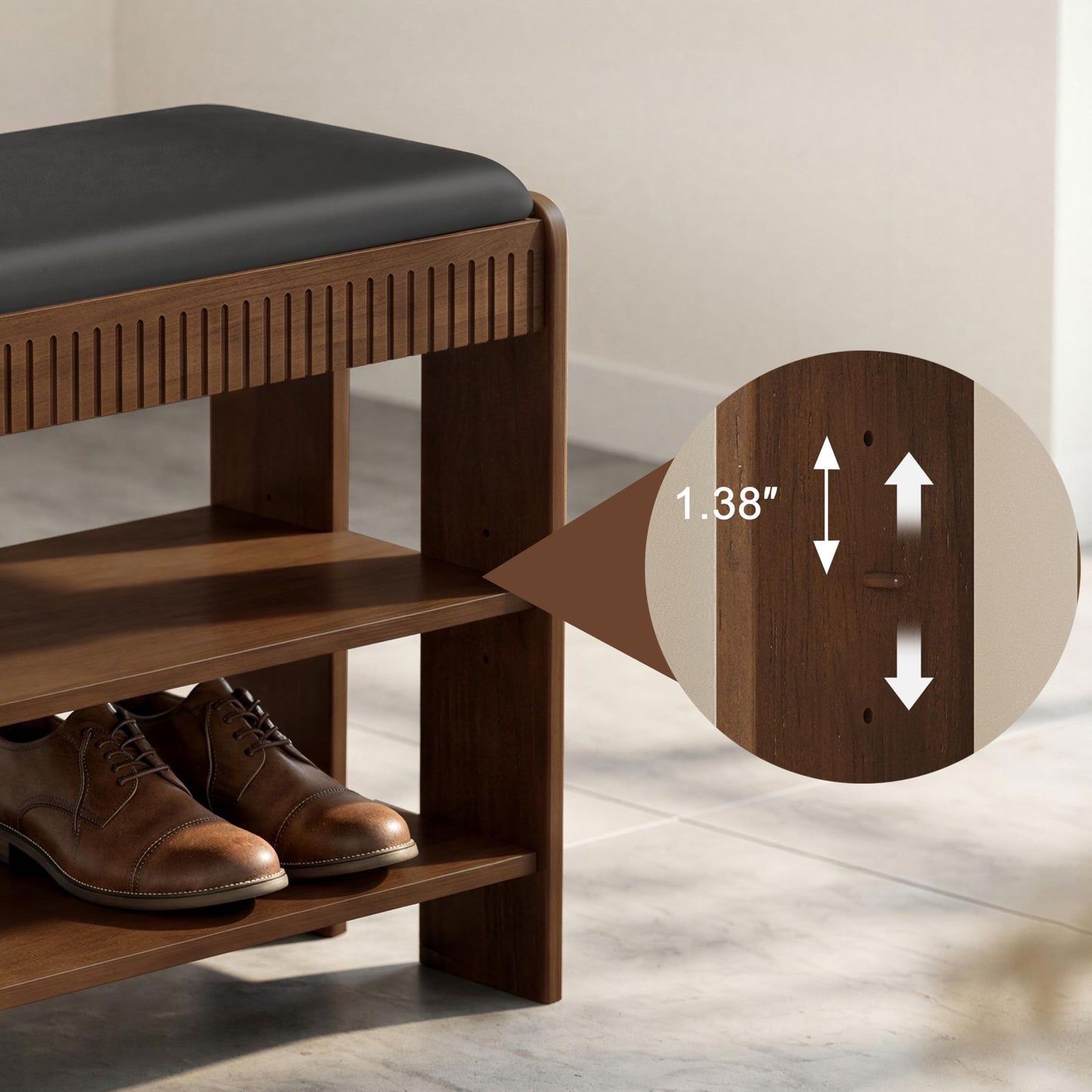 LUHIMI Shoe Bench with Cushion, Solid Wood 2 Tier Adjustable Storage Shoe Bench Rack for Entryway, Bedroom, Closet, Living Room, Hallway
