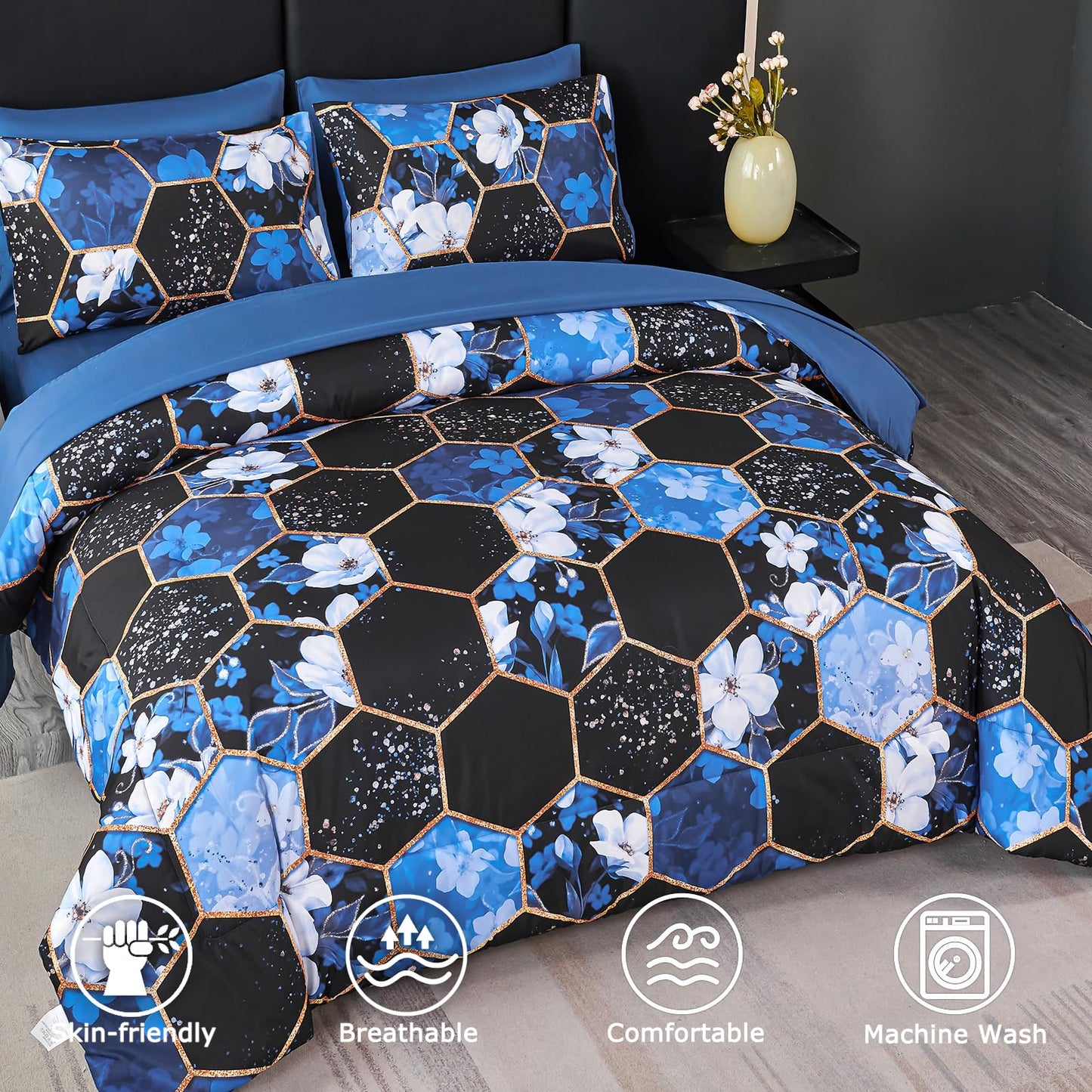 ZRNBAST King Comforter Set 7 Pieces Blue Floral Bedding Set, Geometric Bed in A Bag with Sheets and Pillowcases, Soft Microfiber Complete Bedding Sets for All Season(Blue Floral,King)