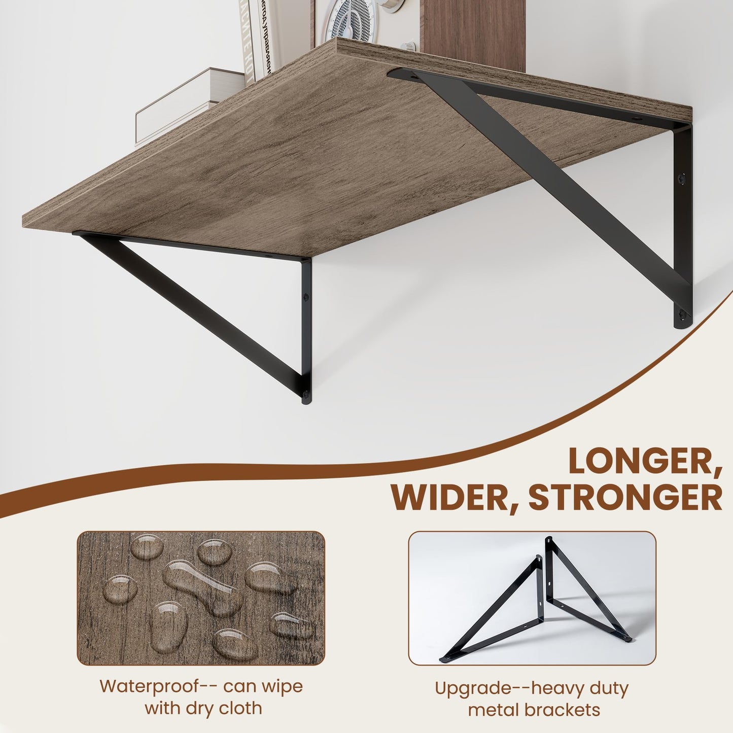 Heimlove Deep Floating Shelves for Wall, 24W x 12D Rustic Grey Wood Wall Shelves Set of 2, Large Floating Shelf for Living Room, Kitchen, Office, Bedroom and Decor Storage, with Metal Bracket - Grey