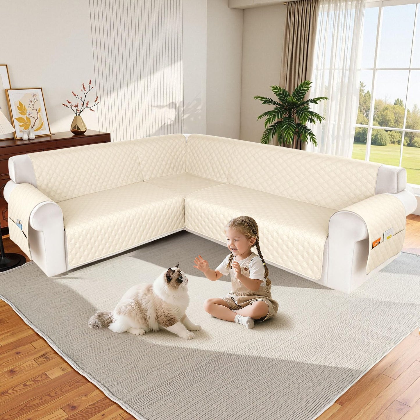 HDCAXKJ Waterproof Sectional Couch Cover L Shaped Sofa Covers Washable Corner Sectional Slipcovers Dog Pet Proof U Shape Furniture Protector with Upgraded Anti Slip Strips (X-Large, Beige)