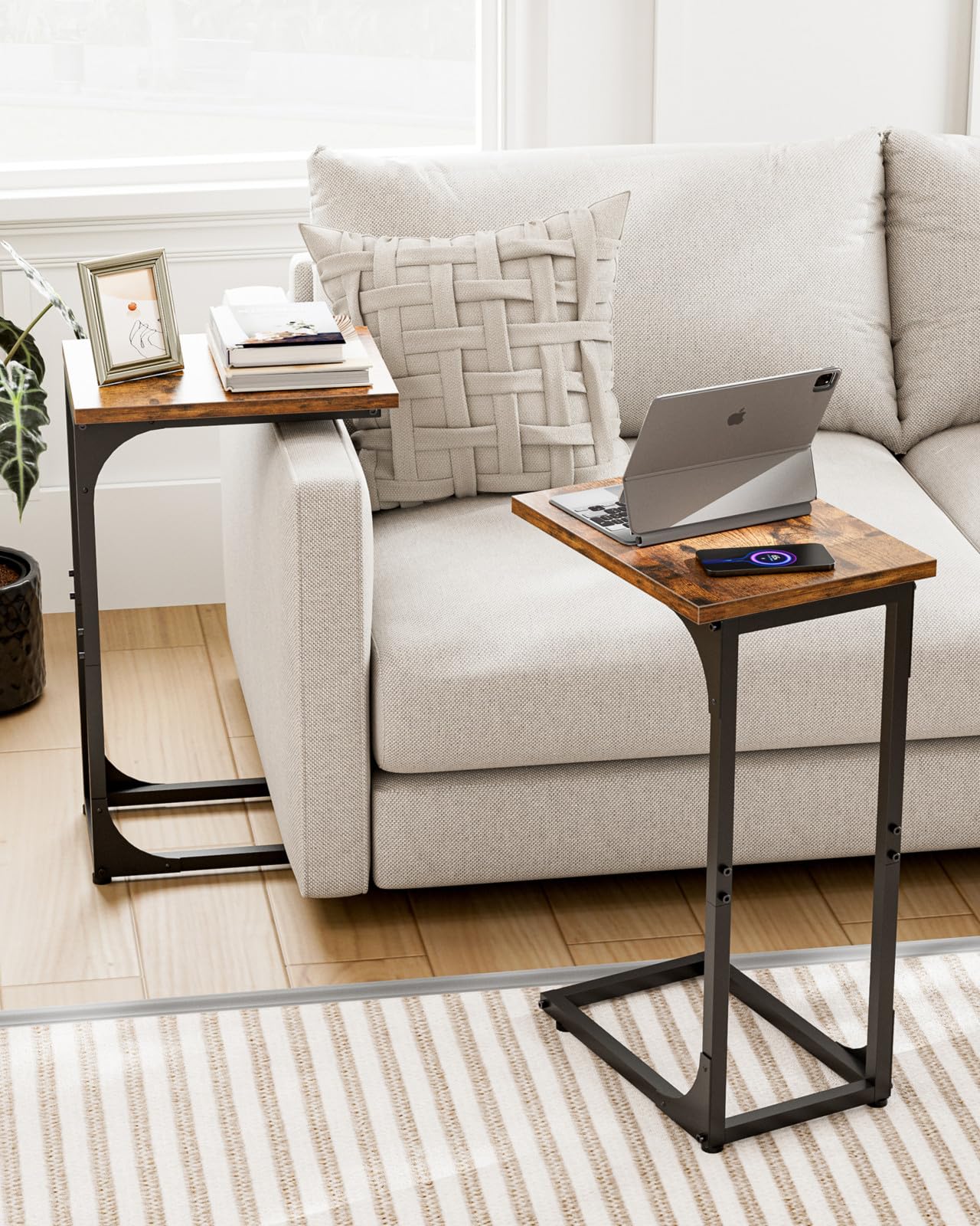 RISWER C-Shaped Side Table for Couch - Small Coffee Stand Sofa Tray Desk with Metal Frame and Waterproof Scratch Resistant, Modern End Accent for Living Room, Bedroom, Small Spaces, Rustic Brown