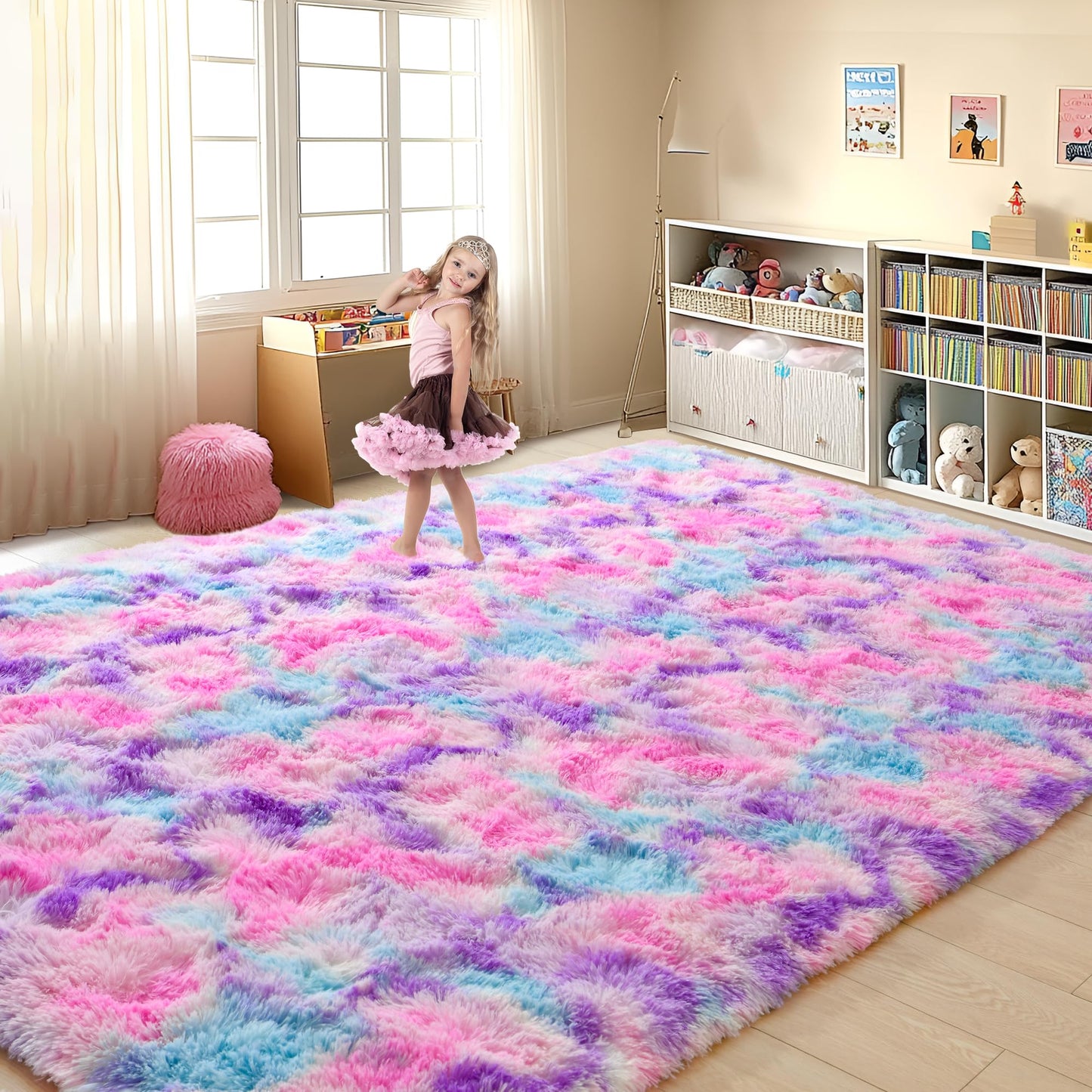 Tepook Soft Rainbow Rug for Girls Room, Cute Fluffy Girls Bedroom Rugs, 4x6 Feet Shaggy Princess Rug Colorful Carpet for Kids Teens Toddler Playroom Nursery Reading Nook, Hot Pink