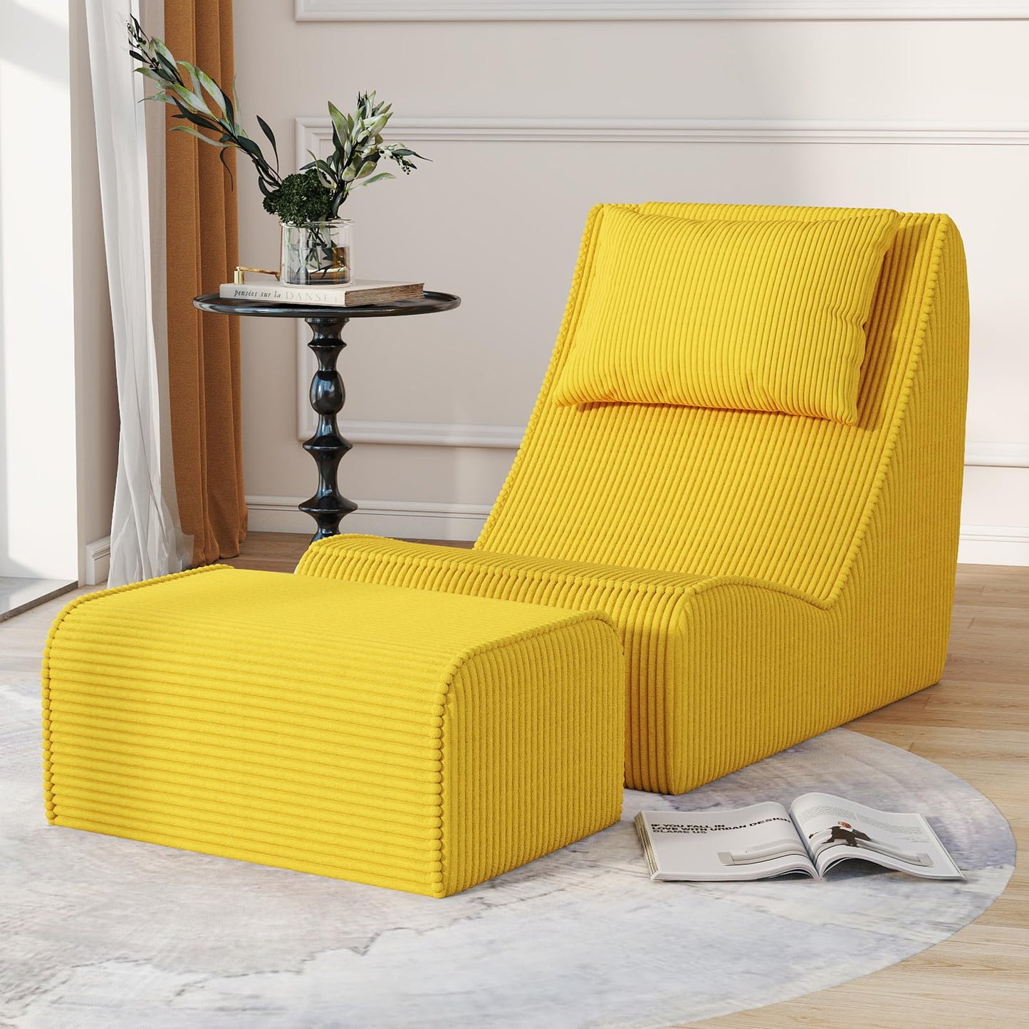 Giant Bean Bag Chair for Adults,Corduroy Chaise Lounge with Unrivaled Back Support, Detachable Neck Pillow, Comfortable Ottoman & Washable Cover for Living Room, Bedroom, Garden (Corn Yellow)