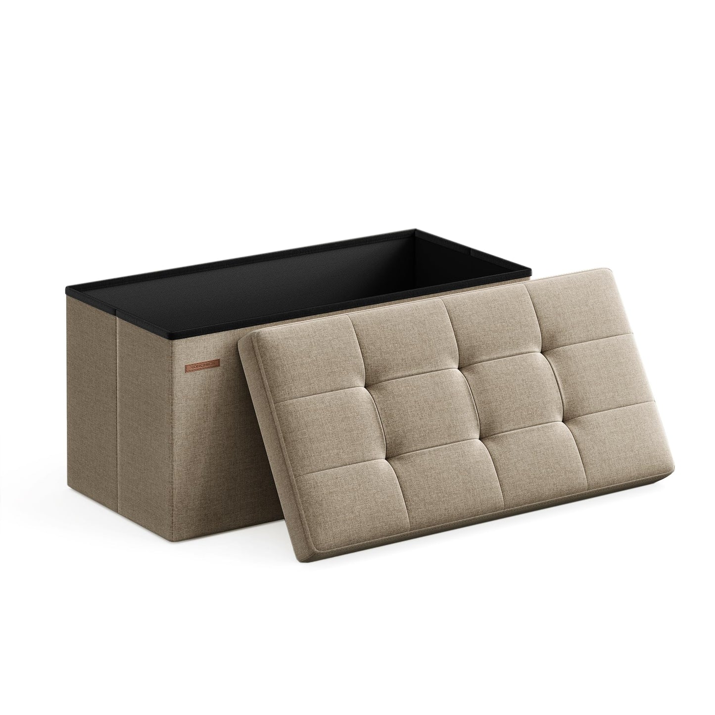 SONGMICS Mazie Collection - 30 Inches Folding Storage Ottoman Bench, Ottoman Foot Rest, End of Bed Bench, Storage Chest, Load 660 lb, for Living Room, Bedroom, Entryway, Camel Brown ULSF047R01