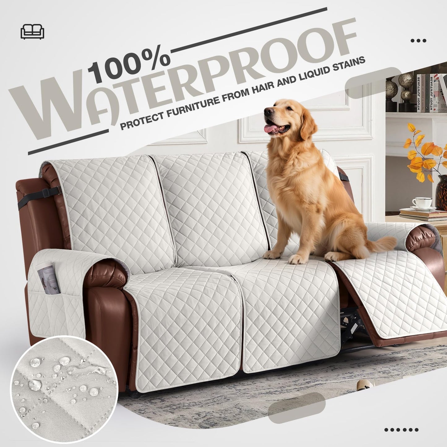 KinCam 100% Waterproof Recliner Sofa Covers, Non-Slip Reclining Couch Covers for 3 Seat, Recliner Couch Cover Furniture Protector with Elastic Straps for Pets, Kids, Beige White