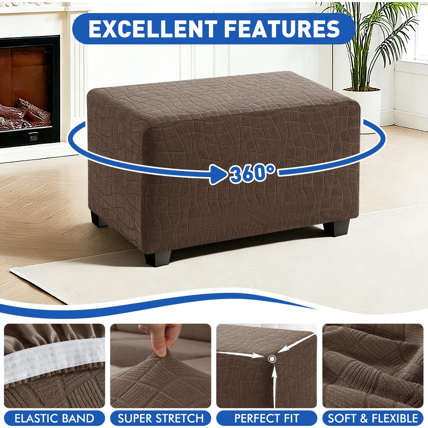 MAXIJIN Waterproof Ottoman Cover Rectangle Stretch Ottoman Slipcovers Square Thick Stool Covers Storage Footrest Furniture Protector with Non-Slip Elastic Bottom (Small, Coffee)