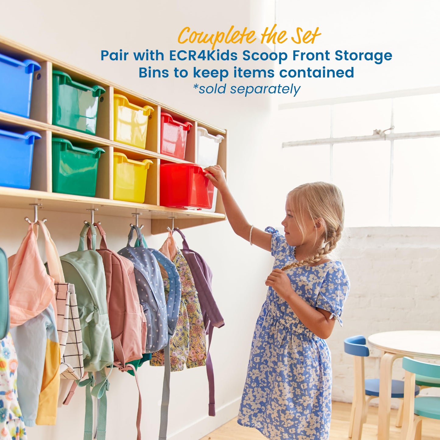 ECR4Kids Streamline 10-Section Wall-Mounted Hanging Cubby Coat Locker, Classroom Furniture, Natural
