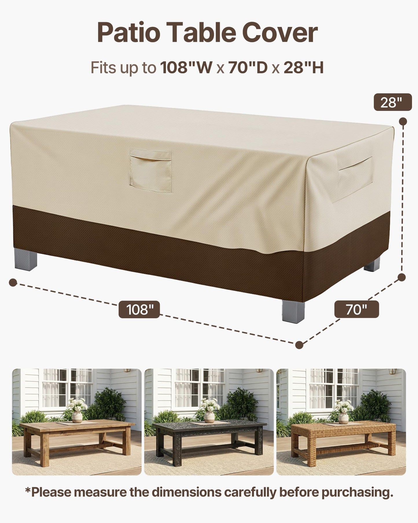 Vailge Rectangular/Oval Patio Table Cover, Heavy Duty and Waterproof Outdoor Lawn Patio Furniture Covers (Beige&brown, 108"Lx70"Wx28"H)