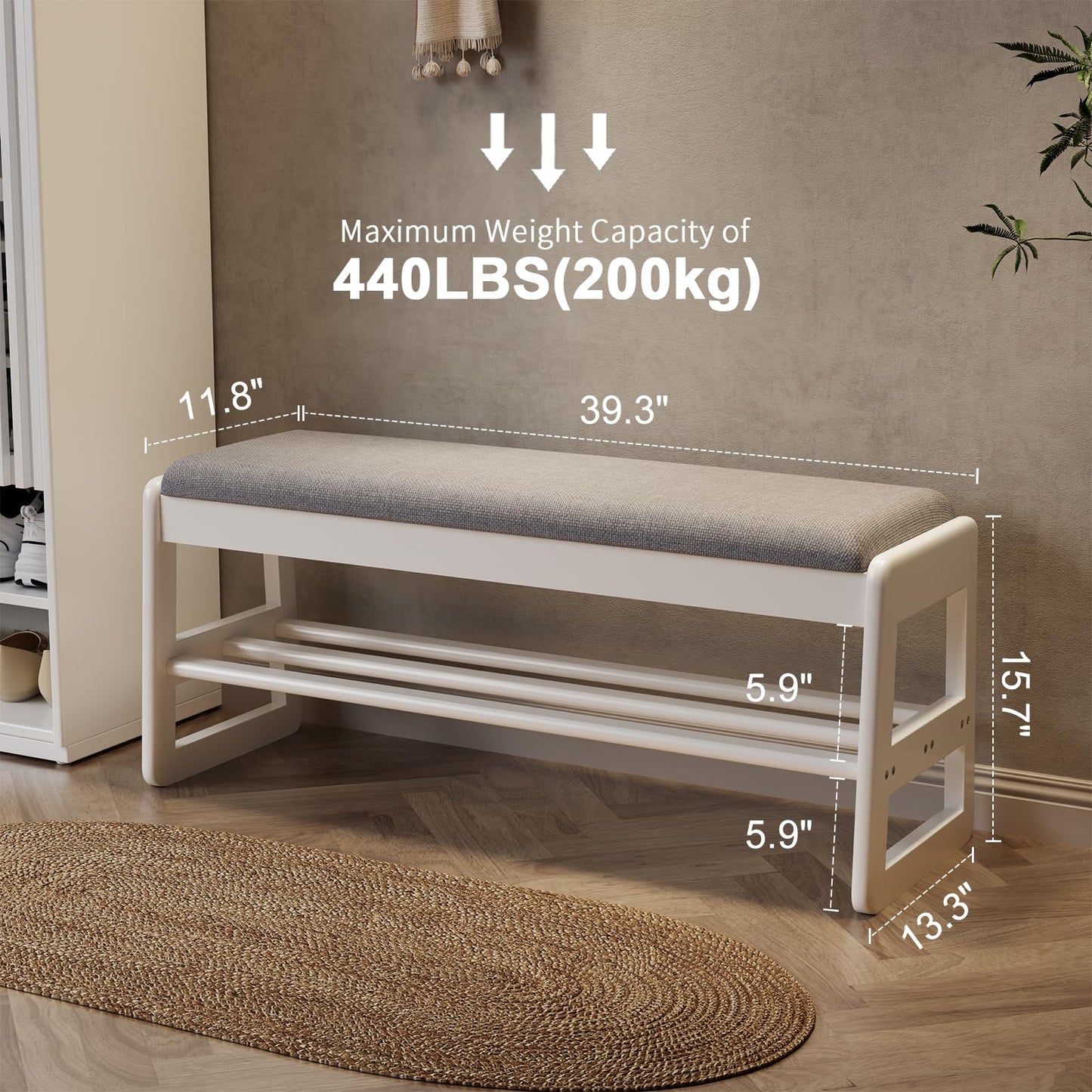 AQIMUELE Shoe Rack Bench,2 Tiers Shoe Bench with Storage with Flip-Top,Wood Shoe Rack for Entryway,Hallway（White Upholstered Seat,11.8" D x 39.3" W x 15.7" H）