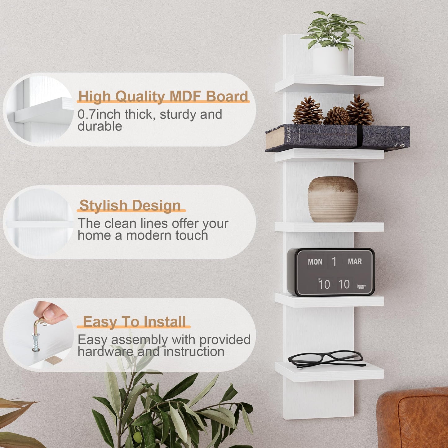 Fun Memories 5 Tier Wall Shelf Unit, White Floating Shelves for Storage - Vertical Column Tower Design, Lack Wall Shelf Space Saving Organizer for Bedroom, Living Room, Home Decor