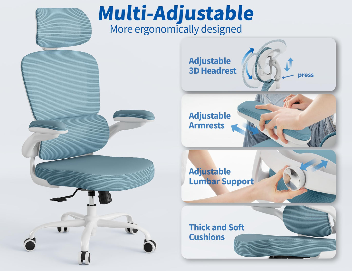 TRALT Ergonomic Office Chair - Desk Chair with Adjustable Headrest Lumbar Support Computer Chair - Mesh Comfy Chair with Flip-up Armrests - Gaming Chairs for Adults Home Office (PU Leather, Blue)