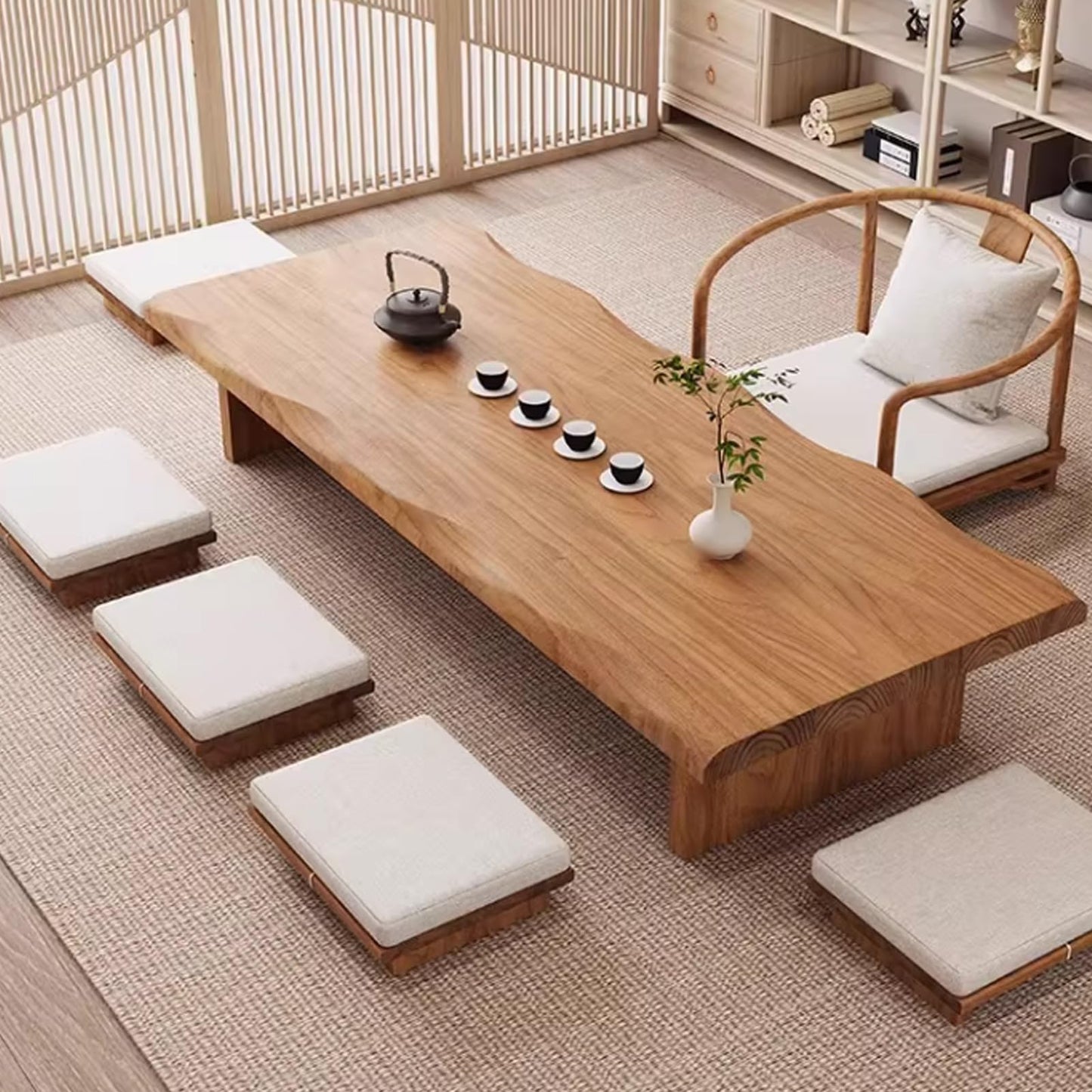 GLDGJMZ Zen Low Floor Table Solid Wood Japanese Tea Table with Embedded Tray & Wrought Iron Legs Coffee Table for Living Room Meditation & Tea Ceremony (55.1" x 23.6" x 13.8")
